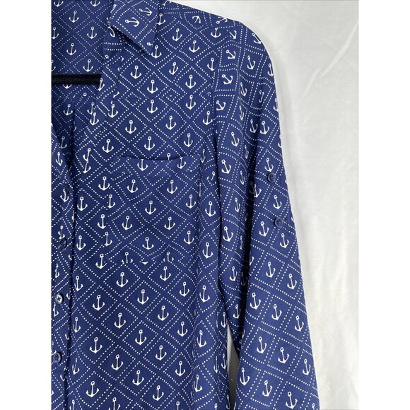 Express Portofino Shirt Womens Size XS Navy Blue Anchor Long Sleeve Roll Tab - Picture 5 of 14